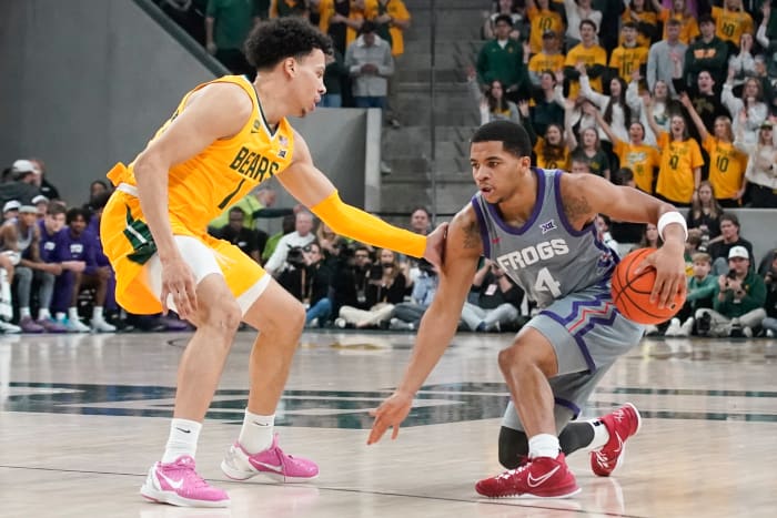 Jan 27, 2024; Waco, Texas, USA; TCU Horned Frogs guard Jameer Nelson Jr. (4) works on Baylor Bears guard Miro Little (1) during the first half at Paul and Alejandra Foster Pavilion. Mandatory Credit: Raymond Carlin III-USA TODAY Sports